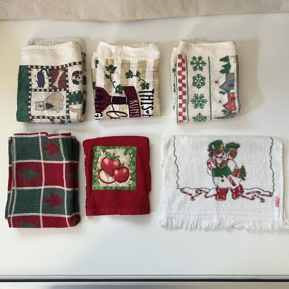 6 Vintage 1980s Christmas Kitchen Towels Santa Trees Reindeer Wine Lot Bundle